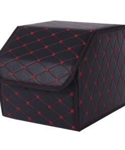 1-SOGA Leather Car Boot Collapsible Foldable Trunk Cargo Organizer Portable Storage Box Black/Red Stitch Small