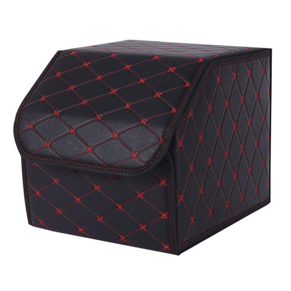 1-SOGA Leather Car Boot Collapsible Foldable Trunk Cargo Organizer Portable Storage Box Black/Red Stitch Small