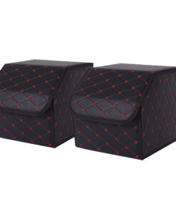 1-SOGA 2X Leather Car Boot Collapsible Foldable Trunk Cargo Organizer Portable Storage Box Black/Red Stitch Small