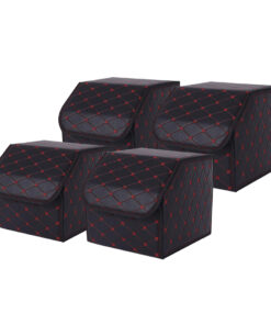 1-SOGA 4X Leather Car Boot Collapsible Foldable Trunk Cargo Organizer Portable Storage Box Black/Red Stitch Small