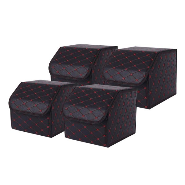 1-SOGA 4X Leather Car Boot Collapsible Foldable Trunk Cargo Organizer Portable Storage Box Black/Red Stitch Small