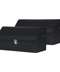 1-SOGA 2X Leather Car Boot Collapsible Foldable Trunk Cargo Organizer Portable Storage Box With Lock Black Medium