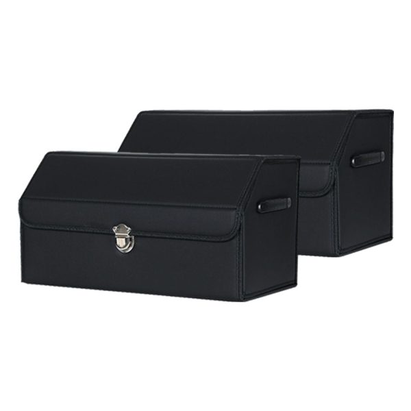 1-SOGA 2X Leather Car Boot Collapsible Foldable Trunk Cargo Organizer Portable Storage Box With Lock Black Medium