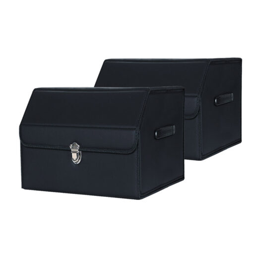 1-SOGA 2X Leather Car Boot Collapsible Foldable Trunk Cargo Organizer Portable Storage Box With Lock Black Small