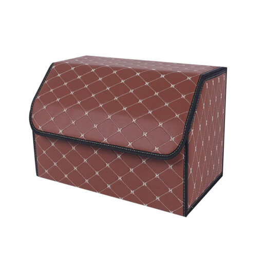 1-SOGA Leather Car Boot Collapsible Foldable Trunk Cargo Organizer Portable Storage Box Coffee/Gold Stitch Medium
