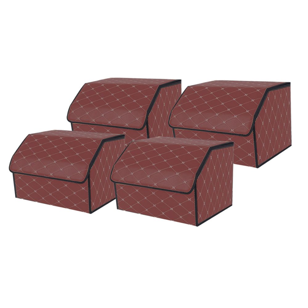 1-SOGA 4X Leather Car Boot Collapsible Foldable Trunk Cargo Organizer Portable Storage Box Coffee/Gold Stitch Medium