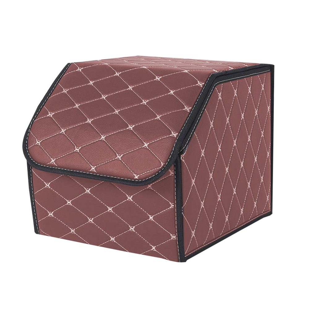 1-SOGA Leather Car Boot Collapsible Foldable Trunk Cargo Organizer Portable Storage Box Coffee/Gold Stitch Small