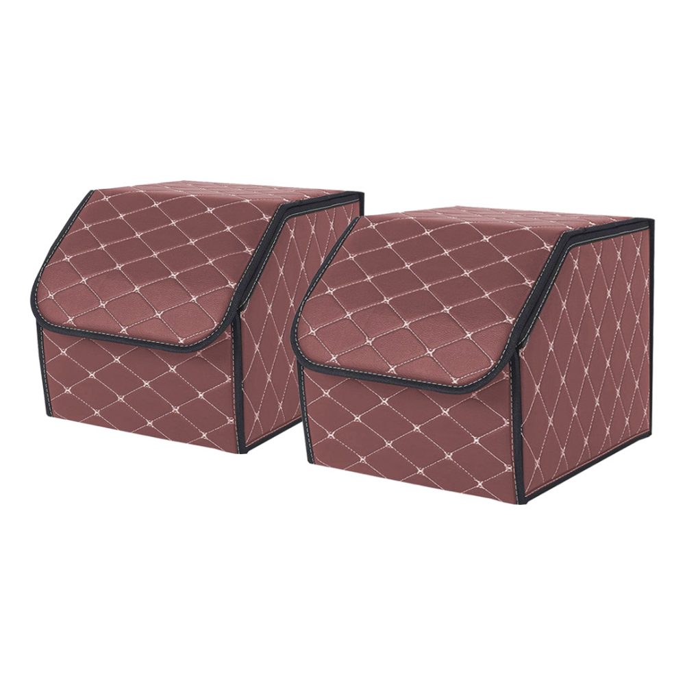 1-SOGA 2X Leather Car Boot Collapsible Foldable Trunk Cargo Organizer Portable Storage Box Coffee/Gold Stitch Small