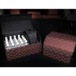 5-SOGA 4X Leather Car Boot Collapsible Foldable Trunk Cargo Organizer Portable Storage Box Coffee/Gold Stitch Small