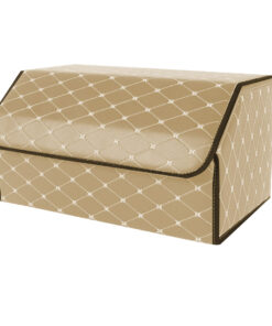 1-SOGA Leather Car Boot Collapsible Foldable Trunk Cargo Organizer Portable Storage Box Beige/Gold Stitch Large