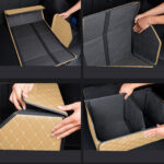 5-SOGA Leather Car Boot Collapsible Foldable Trunk Cargo Organizer Portable Storage Box Beige/Gold Stitch Large