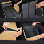 5-SOGA 2X Leather Car Boot Collapsible Foldable Trunk Cargo Organizer Portable Storage Box Beige/Gold Stitch Large