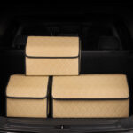 6-SOGA 2X Leather Car Boot Collapsible Foldable Trunk Cargo Organizer Portable Storage Box Beige/Gold Stitch Large