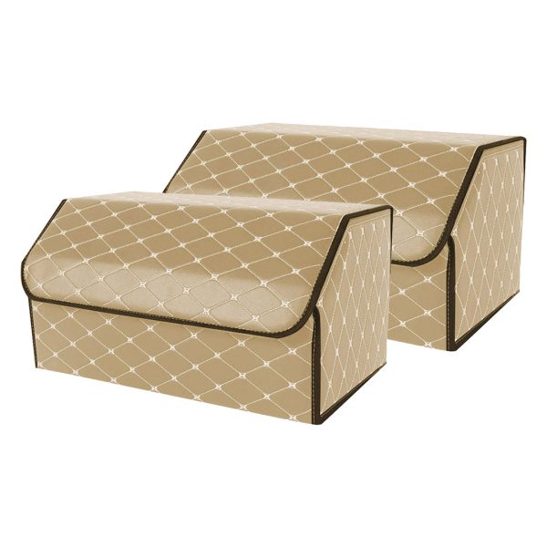 1-SOGA 2X Leather Car Boot Collapsible Foldable Trunk Cargo Organizer Portable Storage Box Beige/Gold Stitch Large