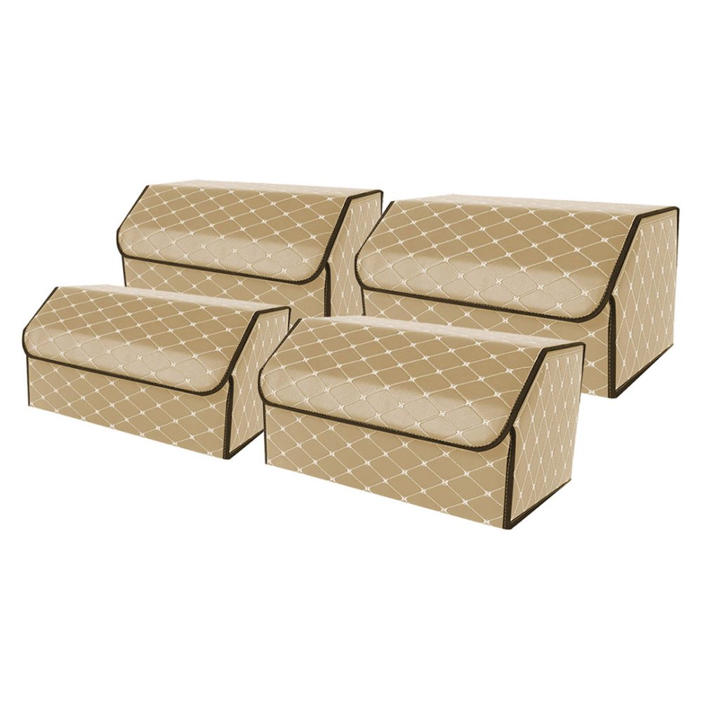 1-SOGA 4X Leather Car Boot Collapsible Foldable Trunk Cargo Organizer Portable Storage Box Beige/Gold Stitch Large