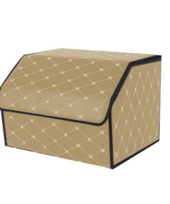 1-SOGA Leather Car Boot Collapsible Foldable Trunk Cargo Organizer Portable Storage Box Beige/Gold Stitch Medium