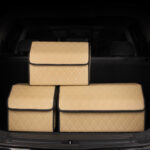 6-SOGA Leather Car Boot Collapsible Foldable Trunk Cargo Organizer Portable Storage Box Beige/Gold Stitch Medium