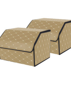 1-SOGA 2X Leather Car Boot Collapsible Foldable Trunk Cargo Organizer Portable Storage Box Beige/Gold Stitch Medium