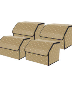 1-SOGA 4X Leather Car Boot Collapsible Foldable Trunk Cargo Organizer Portable Storage Box Beige/Gold Stitch Medium