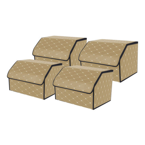1-SOGA 4X Leather Car Boot Collapsible Foldable Trunk Cargo Organizer Portable Storage Box Beige/Gold Stitch Medium