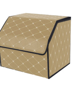 1-SOGA Leather Car Boot Collapsible Foldable Trunk Cargo Organizer Portable Storage Box Beige/Gold Stitch Small