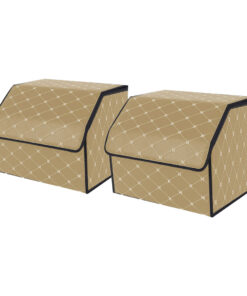1-SOGA 2X Leather Car Boot Collapsible Foldable Trunk Cargo Organizer Portable Storage Box Beige/Gold Stitch Small