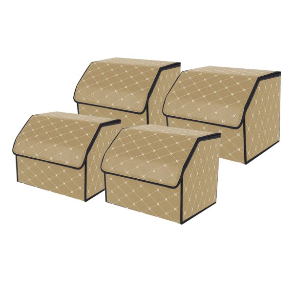 1-SOGA 4X Leather Car Boot Collapsible Foldable Trunk Cargo Organizer Portable Storage Box Beige/Gold Stitch Small