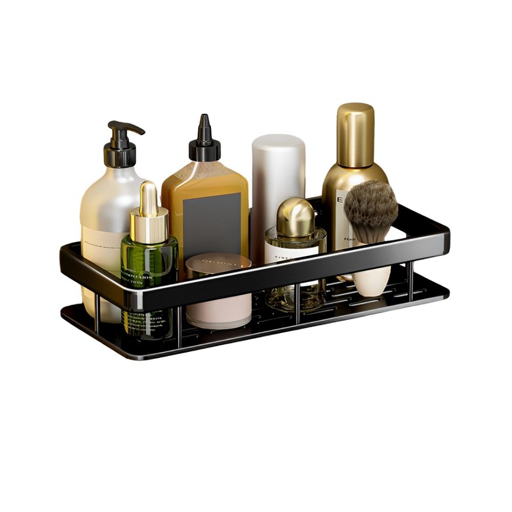 1-SOGA Black Wall-Mounted Rectangular Bathroom Storage Organiser Space Saving Adhesive Shelf Rack