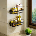3-SOGA Black Wall-Mounted Rectangular Bathroom Storage Organiser Space Saving Adhesive Shelf Rack