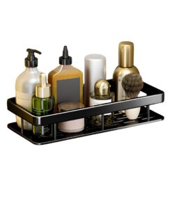 1-SOGA Black Wall-Mounted Rectangular Bathroom Storage Organiser Space Saving Adhesive Shelf Rack