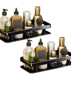 1-SOGA 2X Black Wall-Mounted Rectangular Bathroom Storage Organiser Space Saving Adhesive Shelf Rack