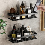 7-SOGA 2X Black Wall-Mounted Rectangular Bathroom Storage Organiser Space Saving Adhesive Shelf Rack
