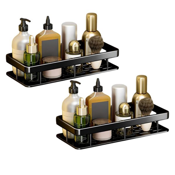 1-SOGA 2X Black Wall-Mounted Rectangular Bathroom Storage Organiser Space Saving Adhesive Shelf Rack