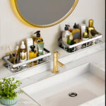 4-SOGA Silver Wall-Mounted Rectangular Bathroom Storage Organiser Space Saving Adhesive Shelf Rack