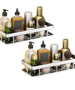 1-SOGA 2X Silver Wall-Mounted Rectangular Bathroom Storage Organiser Space Saving Adhesive Shelf Rack