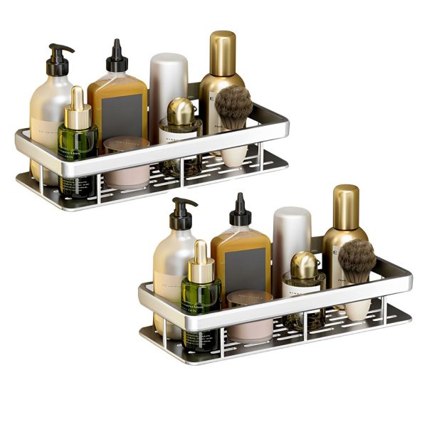 1-SOGA 2X Silver Wall-Mounted Rectangular Bathroom Storage Organiser Space Saving Adhesive Shelf Rack