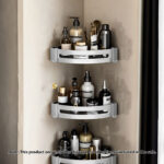 2-SOGA Silver Wall-Mounted Triangular Bathroom Storage Corner Vanity Organiser Space Saving Adhesive Shelf Rack with Hooks