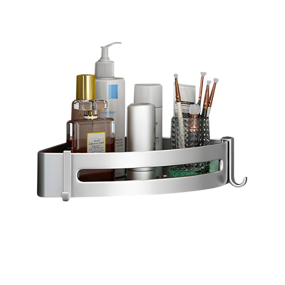 1-SOGA Silver Wall-Mounted Triangular Bathroom Storage Corner Vanity Organiser Space Saving Adhesive Shelf Rack with Hooks