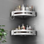 3-SOGA Silver Wall-Mounted Triangular Bathroom Storage Corner Vanity Organiser Space Saving Adhesive Shelf Rack with Hooks