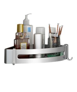 1-SOGA Silver Wall-Mounted Triangular Bathroom Storage Corner Vanity Organiser Space Saving Adhesive Shelf Rack with Hooks