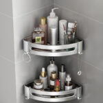 4-SOGA Silver Wall-Mounted Triangular Bathroom Storage Corner Vanity Organiser Space Saving Adhesive Shelf Rack with Hooks