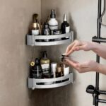 5-SOGA Silver Wall-Mounted Triangular Bathroom Storage Corner Vanity Organiser Space Saving Adhesive Shelf Rack with Hooks