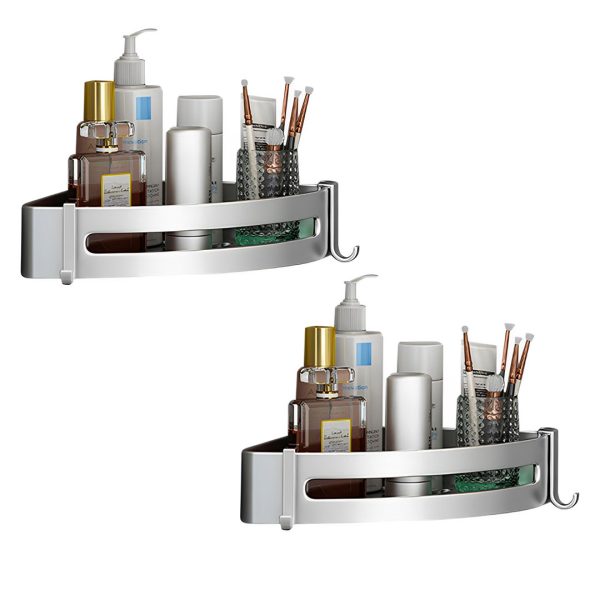 1-SOGA 2X Silver Wall-Mounted Triangular Bathroom Storage Corner Vanity Organiser Space Saving Adhesive Shelf Rack with Hooks