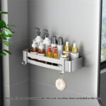2-SOGA Silver Wall-Mounted Rectangular Bathroom Storage Organiser Space Saving Adhesive Shelf Rack with Hooks