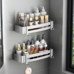3-SOGA Silver Wall-Mounted Rectangular Bathroom Storage Organiser Space Saving Adhesive Shelf Rack with Hooks