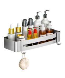 1-SOGA Silver Wall-Mounted Rectangular Bathroom Storage Organiser Space Saving Adhesive Shelf Rack with Hooks