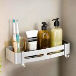 4-SOGA Silver Wall-Mounted Rectangular Bathroom Storage Organiser Space Saving Adhesive Shelf Rack with Hooks