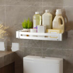 5-SOGA Silver Wall-Mounted Rectangular Bathroom Storage Organiser Space Saving Adhesive Shelf Rack with Hooks