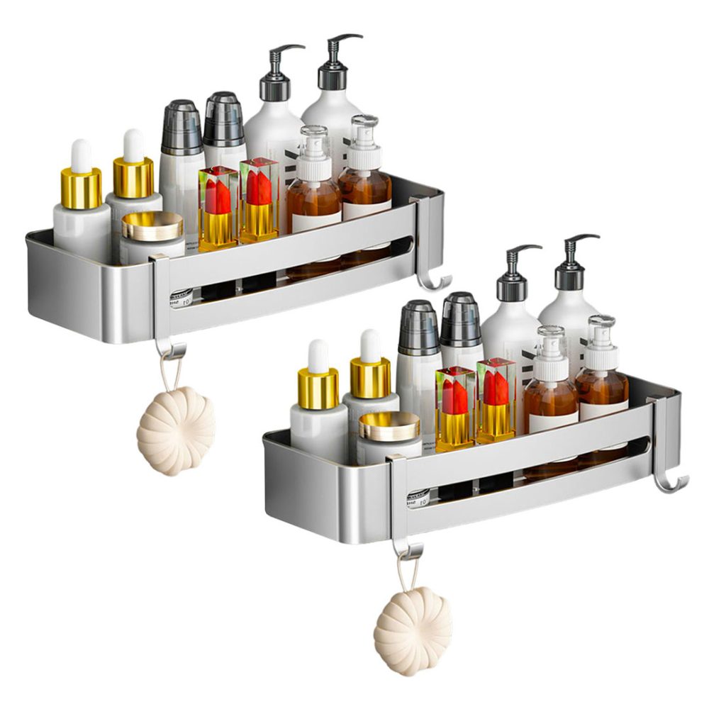 1-SOGA 2X Silver Wall-Mounted Rectangular Bathroom Storage Organiser Space Saving Adhesive Shelf Rack with Hooks