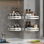7-SOGA 2X Silver Wall-Mounted Rectangular Bathroom Storage Organiser Space Saving Adhesive Shelf Rack with Hooks